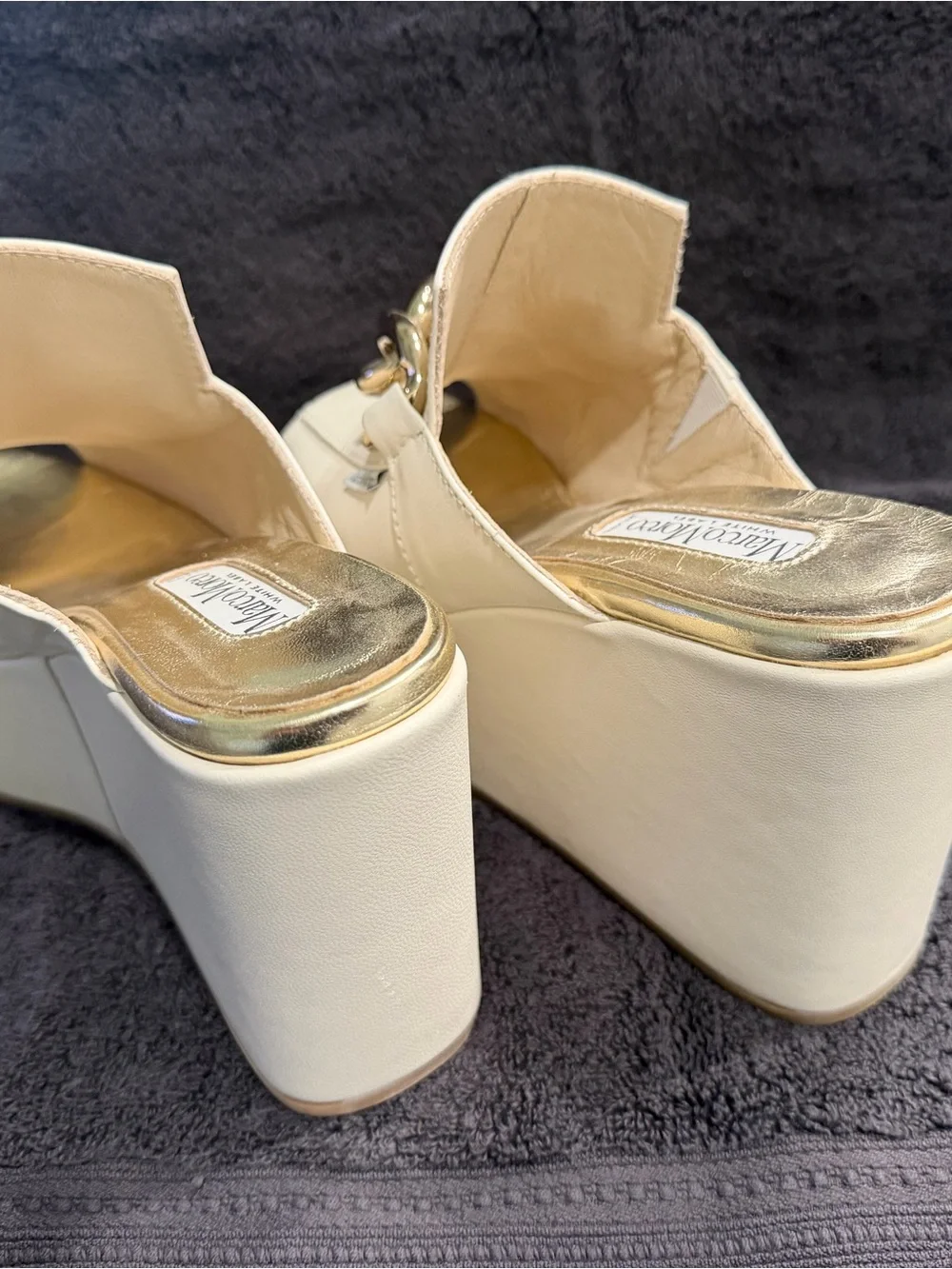 MarcoMareo White Platform Wedge Sandals with Gold Chain Accent Size 7.5
